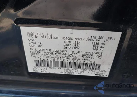 2012 Mitsubishi Galant Es/Se z USA, uszkodzony, nr VIN 4A32B3FF7CE010898